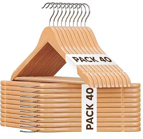 Mundo Home 40X Perchas Madera Natural Maciza para Ropa - Perchas de Madera con Gancho Giratorio 360º - Perchas para Pantalones, Camisa, Traje, Vestidos - Colgadores de Ropa Antideslizante para Hogar