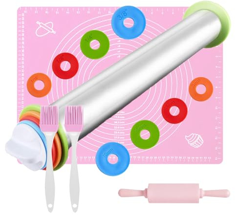 Rolling Pin and Pastry Baking Mat Set, Rolling Pin with Thickness Rings, Stainless Steel Dough Roller for Baking Fondant, Pizza, Pie, Pastries, Pasta, Cookies
