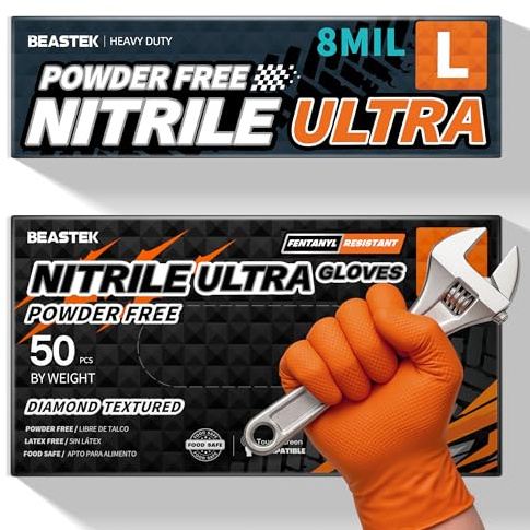 BEASTEK Nitrile Disposable Gloves, 8 Mil Powder Free Latex Free Chemical Resistant Heavy Duty Food Safe Diamond Gloves, Orange 50 Pcs (Large)