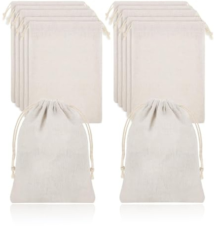 JYNVO 12 Bolsas Tela Lino Algodón, 15x20cm Bolsas de Tela con Cordón, Reutilizables para manualidades, bodas, Navidad, calendario de Adviento