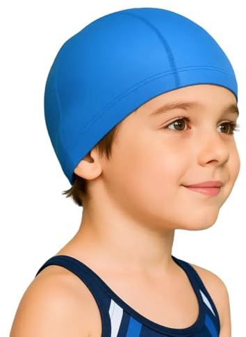 leruiyezs Bonnet de Bain Enfant,Bonnet Piscine Enfant,Bleu Clair,(4-10 Ans),Élastique Confortable Durable,Bonnet de Bain Tissu pour Les Jeunes Nageurs pour Baignade et Activités Aquatiques