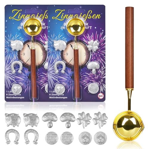 iZoeL Zinngießen Silvestergießen mit 12 Zinnfiguren 2 Löffel Anleitung Orakelheft, Zinn Giessen Silvester, 2 Zinn Set zu gießen für Silvester Partyspiele Wahrsagerei-Partyspiel