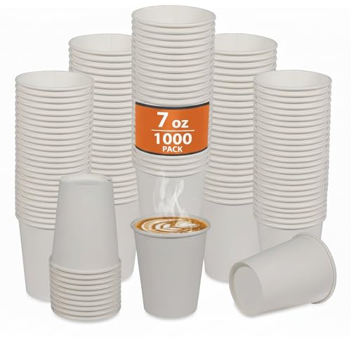 White Paper Cups 7oz Pack of 1000 Single Wall for Hot and Cold Drinks | Supplied as 20 sleeves of 50, poly lined board, holds tea, coffee and juice, for parties, offices, events, takeaway