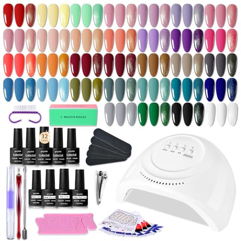 Gel Nail Polish Set, 32 Colors Soak Off U V Gel Nail Kit with Lamp - Includes Base & Top Coat, Classic Black White Nude Colors, DIY Starter Nail Kit for Beginners, Home Manicure Set for Women