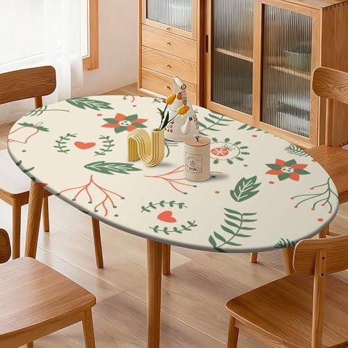 DOTBUY-SHOP Mantel Ovalado Antimanchas con Bordes Elástica Impermeable, Mantel Mesa Ovalado, Impermeable para Cocina Comedor Cumpleaños Jardín Exterior, 3D Navidad (Flores y Beige,116x162cm)
