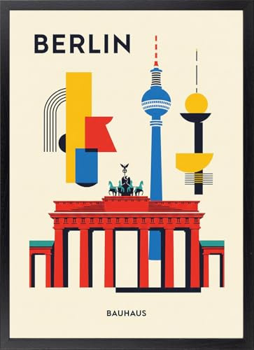 Fine Artic Cuadro Berlin Bauhaus - Poster de Puerta de Brandeburgo con Marco de madera Negro - Arte mural Torre de TV decoración Moderna Minimalista - Cuadros de Viajes