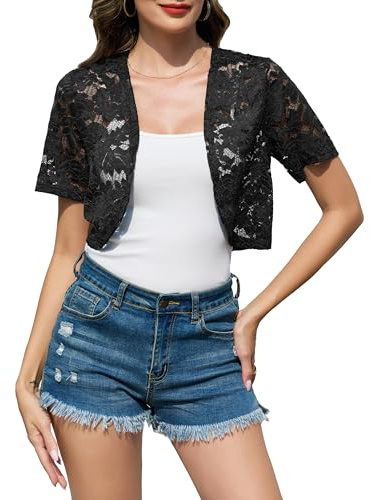 Sopesil Boléro Dentelle Élégant Femme Cardigan Léger Transparent Manches Courtes Veste d‘Été pour Soirée ou Mariage Noir,L