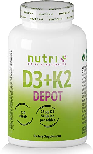nutri+ D3 K2 Compresse vegane - ad alto Dosaggio e vegetali - Deposito di Vitamina D da Licheni (1000 UI 25 µg) - Colecalciferolo - 50 µg MK7 all trans k2vita