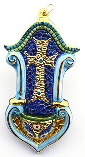 Art Escudellers ACQUASANTIERA Multicolore in Ceramica Dipinta a Mano con Oro 24K, Decorato in Stile BIZZANTINO Verde. 16,5cm x 8,5cm x 3cm