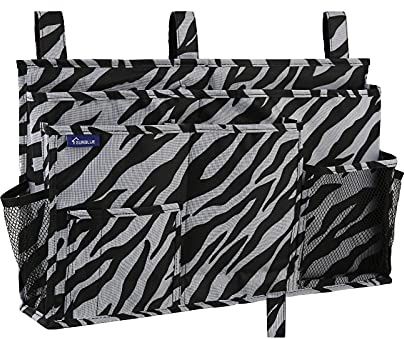 Surblue Bedside Caddy Hanging Organizer Storage Bag Pocket for Bunk, Hospital, College Dorm Rooms, Baby Bed Rails, Camp - 8 Pockets (Large, Zebra)