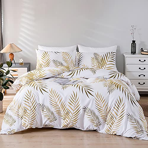 Funda Nordica para Cama 180 con Patrón Hojas Tropicales Doradas Funda Edredon 230x260 cm y 2 x Fundas de Almohada de 51x92 cm Suave Juego de Ropa de Cama Fundas Nórdicas 100% Microfibra Oro Blanco