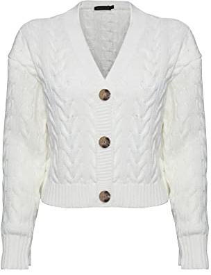 Generation Fashion New Ladies Women’s Knitted Long Sleeve 3 Button Down Cropped Bolero Cardigans Cable Knit Chunky Cardigan Crop Top Short Cardigans [Cream,XL]