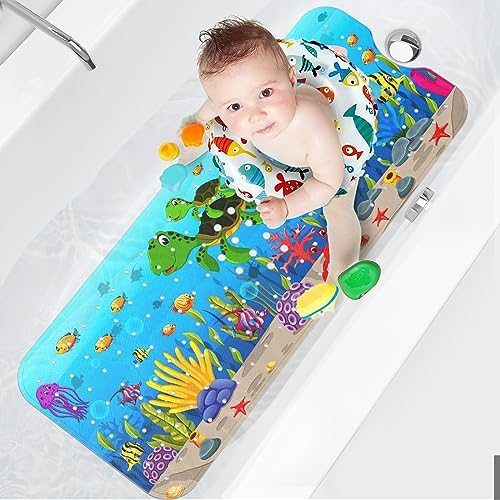 XIYUNTE Baby Bath Mats Non Slip Anti Mould - 100x40cm Extra Long Non Slip Bath Mat for Kids, Eco-Friendly Toddler Bath Mat with Suction Cups for Secure Grip, Easy to Clean & Easy Drying, Sea Turtle
