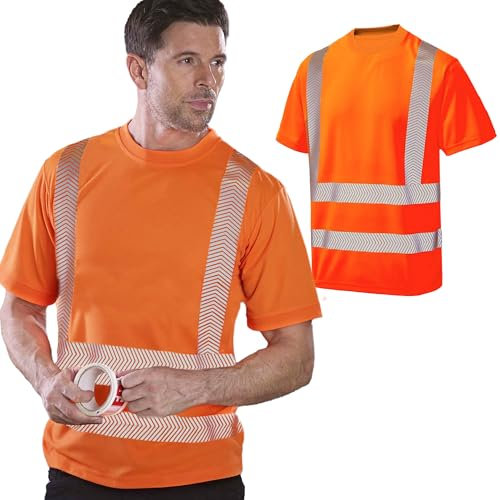 Vasego Hi Vis T Shirt for Men - Safety Work Reflective Tape Polo Shirt - Short Sleeve Mock Collar Polyester High Viz Visibility Workwear - EN20471 Class 2 Certified - Available (S-4XL) (M, Orange)