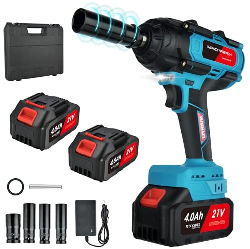 Llave de Impacto Inalámbrica de 1/2, Pistola de Impacto Bateria sin Escobillas de 800 N.m con 2 Baterías de 4000 mah, 4 Enchufes