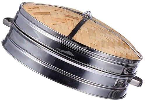 Luminexia Pentola a Vapore in Acciaio Inox,2 Livelli Cestello per Cottura a Vapore in bambù Fornello per Alimenti con Coperchio Vaporiera in bambù per Gnocchi Sim Sum,Verdure,Riso,Carne,Pesce