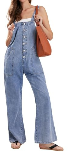 CHARTOU Casual Denim Jumpsuit for Women Overalls Wide Leg Jumpsuit Jeans Denim Bib Overalls Dungaree Pockets (X-Small,Light blue)