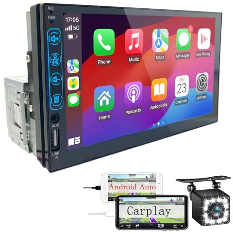 Autoradio Bluetooth 1 DIN avec Carplay et Android Auto - 7 Pouces HD Ecran Tactile Poste Radio Voiture Soutien Lien Miroir iOS/Android/Radio FM/USB/EQ – Autoradio avec Caméra de Recul