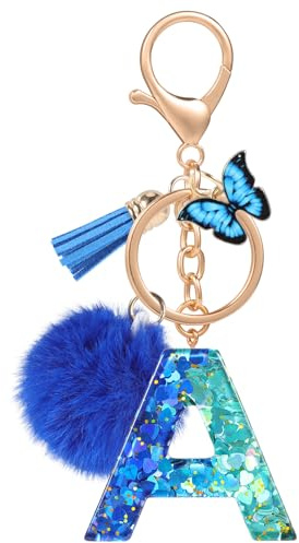 MWOOT Nombre Letra inicial A Llavero, Azul Llaveros Coche para Mujeres, Encantos de Resina Para Llave de Puerta Llave del Coche Decoración Del Bolso