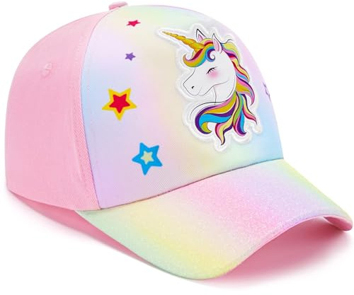 WAWSAM Mädchen Baseballkappe Einhorn, Verstellbare Kinder Baseballkappe mit Glitzer Schirm, Baumwolle Sonnenhut Mädchen Cap