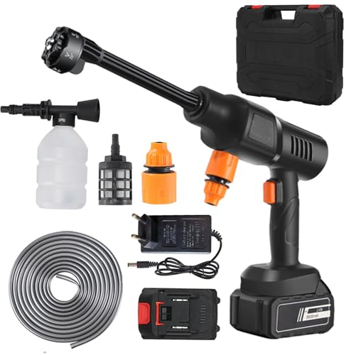 Limpiador de alta presión portátil con boquilla de presión 6 en 1, pistola de lavado eléctrica de 21 V, sin cable, con caja de herramientas, para lavado de coches, jardín, limpieza de alfombras (11