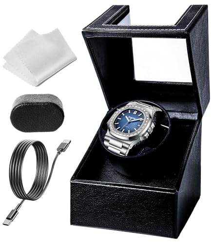 Single Automatic Watch Winder, Watch Winders for 1 Watches with Quiet Motor,Soft Flexible Watch Pillow,1 Rotation Modes USB Cable(Black-PU Leather）