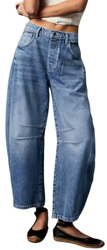 Womens Stretchy Mid Rise Barrel Jeans Vintage Loose Wide Leg Cropped Denim Pants Y2k Baggy Boyfriend Jeans, Blue, M