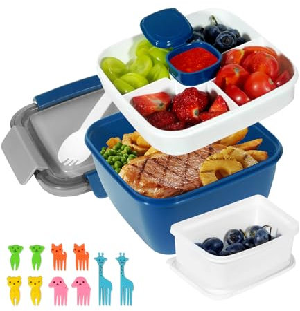 Boîte à Déjeuner avec Compartiments, Boîte à Bento 1500 ML, Boîte à Salade à Emporter, Lunch Box avec Couverts pour Adultes/Enfants, Boite à Lunch pour Pique-Nique, Travail, Écoles, Camping (Bleu)