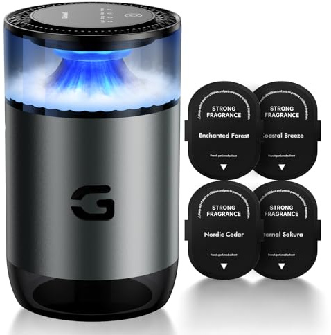 Geinself Smart Car Air Freshener Diffuser, Waterless Essential Oil Diffuser with 4 Modes, 4 Scent Refills, Auto On/Off, USB - C Rechargeable Wireless, Ambient Light for Home/Car (5502-Gunmetal Grey)