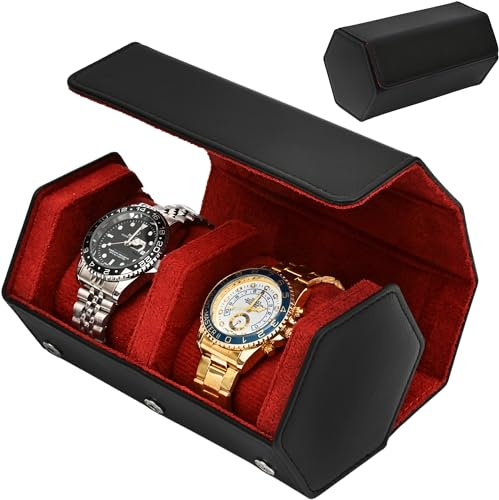 MGZKV Leather Watch Roll for 2 Watches - Velvet-Lined Travel Case, Luxury Watch Rolls Organizer with Storage & Display for Men (2 Slot-Black/Red)