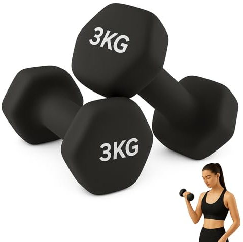 PLAYZOCO Juego de 2 mancuernas, mancuernas hexagonales, Mancuernas Antideslizantes, revestimiento de neopreno, Agarre Cómodo, Resistente al Sudor, Pack 2 unidades, 3 Kg