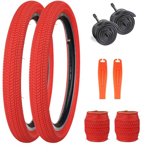 ZUKKA Confezione da 2 pneumatici pieghevoli da 20 pollici, 20 x 2,125 cm, per bambini, 57 – 406 e 2 pezzi, tubo da 20 pollici, valvola AV48 mm, compatibile con 20 x 2,125, pneumatici e tubo, rosso