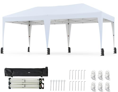 COSTWAY Paviljong 3 x 6 m, popup hopfällbar paviljong vattentät med bärväska på rullar, UV-skydd 50 festtält inkl. 6 sandsäckar, trädgårdspaviljong, justerbar höjd för camping, fest (vit)