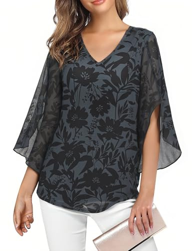 Enmain Womens Blouses 3/4 Sleeve V Neck, Ruffle Floral Tunic Tops, Casual Loose Fit Summer Shirt for Ladies S-3XL