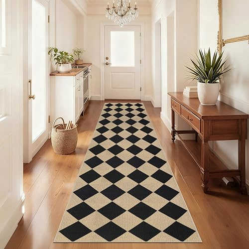 Capslpad Runner Rug for Entryway 80x300cm Non-Slip Hallway Carpet Runner Washable Jute Look Rug Kitchen Runner Durable Natural Fibre Area Rug Runners for Bedroom Balcony Corridor, Black Checkered