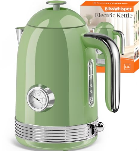 BlissWhisper 1.7L Electric Tea Kettle with Thermometer, 1500W Retro Stainless Steel Hot Water Kettle,Fast Boil Cordless Electric Kettle,Auto Shut-Off & Boil-Dry Protection