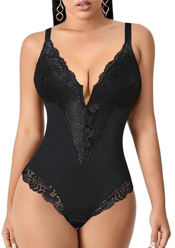 YARRCO Body Gainant Femme Ventre Plat String Gaine Amincissante Body Sculptant Bodysuit Shapewear Col V Dentelle Corset Minceur Invisible