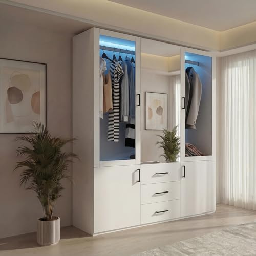 Armadio Guardaroba 4 Ante con 3 Cassetti e LED, Armadio Camera Da Letto Bianco, Mobile Con Appendiabiti, Armadio Moderno Salvaspazio, Armadio Guardaroba con Specchio