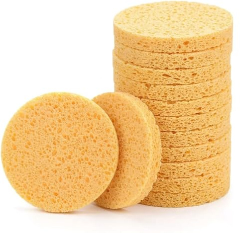 12pcs Large Round Facial Sponges, Reusable Face Cleansing Pad Set | Natural Sponge, 12 Yellow Rounds, 8 cm, Soft, Absorbent, Quick‑Drying, Reusable, for Cleansing Makeup Removal and Facial Spa