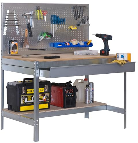 SimonRack Etabli d’Atelier, Capacité de Charge 600 kg, 1445x1210x610 mm, Panneau Perforé, Étagère Tiroir de Rangement, Table de Travail Bricolage, Galvanisé/Bois - BT2