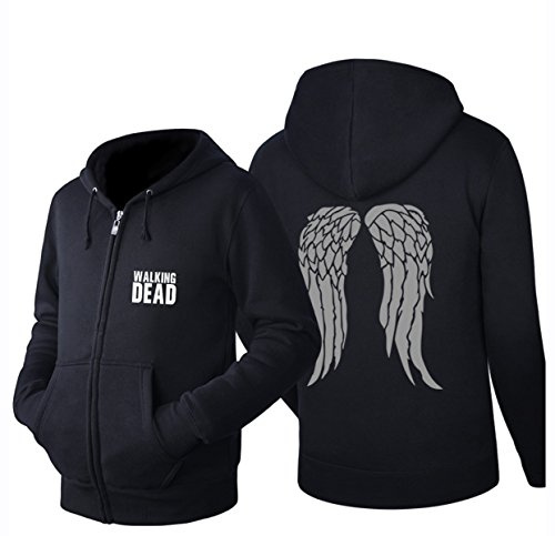 Daryl Wings Zip Hoodie Black Casual Long Sleeve Sweat Pullover Jacket | Black zip hoodie with wings motif fans leisure hooded jacket