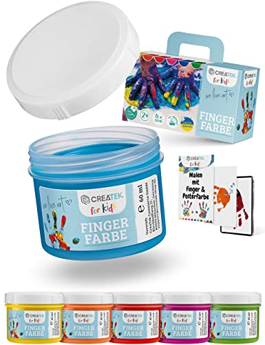 CreaTek - Fingerfarben Kinder ungiftig ab 2 Jahre [ inkl. lustiger Malvorlagen ] 100% sicher, vegan, geruchlos & auswaschbar - 6x leuchtende Grundfarben je 60ml - Fingermalfarben für Kinder ungiftig