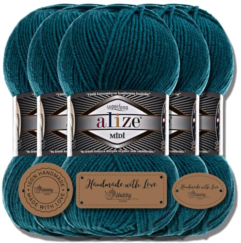 Hobby YARN 3x Etikettenlabel mit Alize Superlana Midi Wolle Premium 5x100g als Set, Yarn, Garn, Strickgarn, Einfarbig, Baby, zum Häkeln, Stricken, Kleidung, Schals (Petrol | 212)