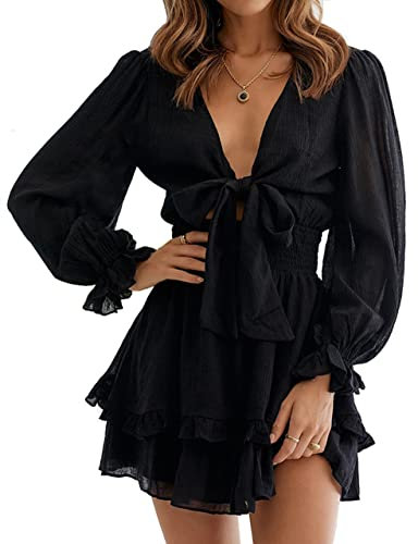 PHENHU Damen Kleider Tiefer V-Ausschnitt Langarm Knoten Vorne Rüschensaum Lässiges kurzes Kleid