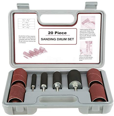 Set di Levigatrici a Tamburo da 20 Pezzi con Kit Tamburo Abrasivo per Trapano a Colonna, Custodia con Tamburo in Gomma da 4 Pezzi e Manicotti a Fascia Abrasiva da 16 Pezzi per Trapano a Colonna