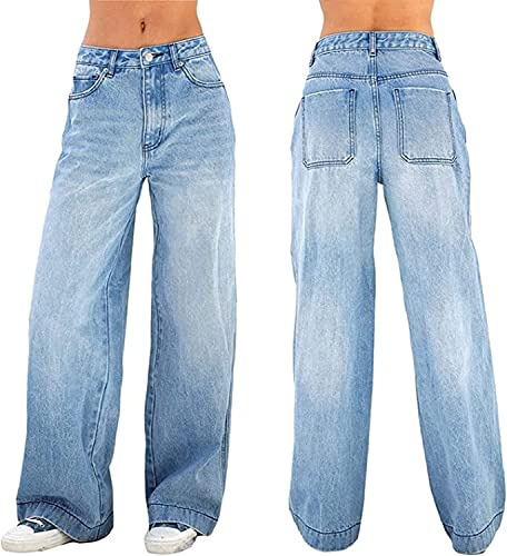 AALLYN Jeans Boyfriend a Vita Bassa da Donna, Jeans Denim Blu Dritti a Gamba Larga Y2K Anni '90(Size:X-Piccolo,Color:Blu)
