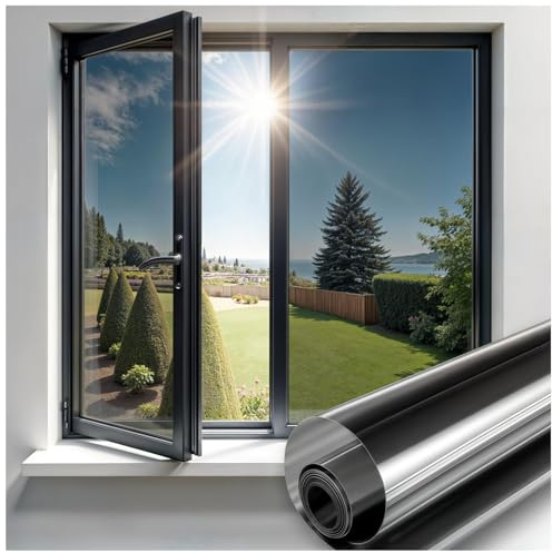 Qualsen One Way Window Film See Out Not in Privacy Film for Glass Windows, Reflective Mirror Window Film Anti-UV Non-Adhesive Static Cling Window Tint for Home, Office（Black-silver, 90x200cm）