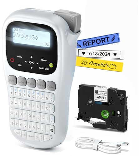 VolenGo Label Maker Machine with 12mm Laminated-Tape, Handheld Label Printer with Cable-Qwerty Keyboard, Backlit LCD Label Maker for Industrial Office Home,White