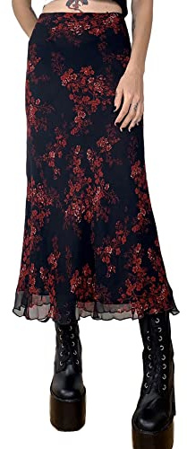 Fiacafyo Women Y2K High Waist Long Midi Skirt Summer Goth Maxi Long Pencil Skirts Summer Maxi Fairy Grunge Goth Aesthetic Long Skirts (E-Black, M)