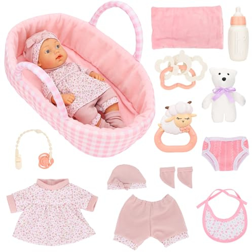 Miunana 1 Bambola Bambolotto New Born 30 CM 12 Pollici + Cappello + Vestito + Calze + Tasca + Pantaloncino + Bambola Calmante + Coperta + Cesto Da Letto + 4 Accessori